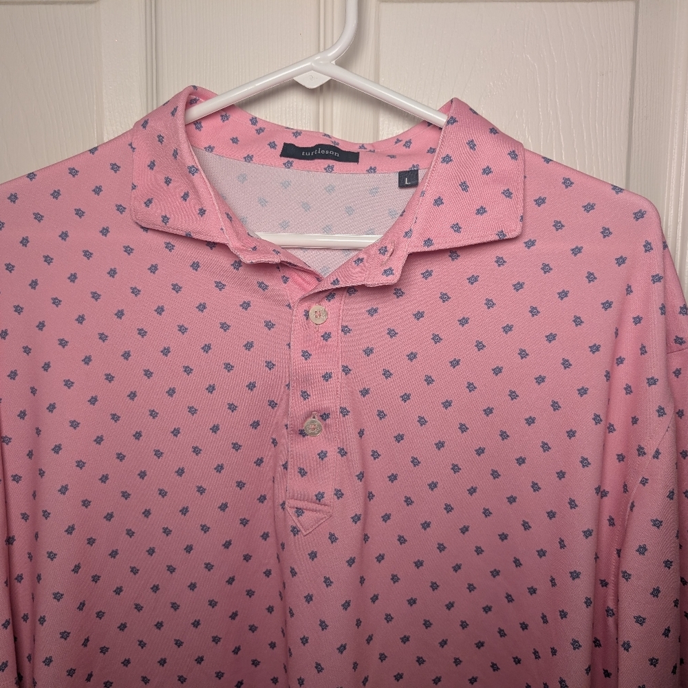 Turtleson Shirt Golf Polo Mens L Pink W Blue Turtles Rugby Stretch Athletic